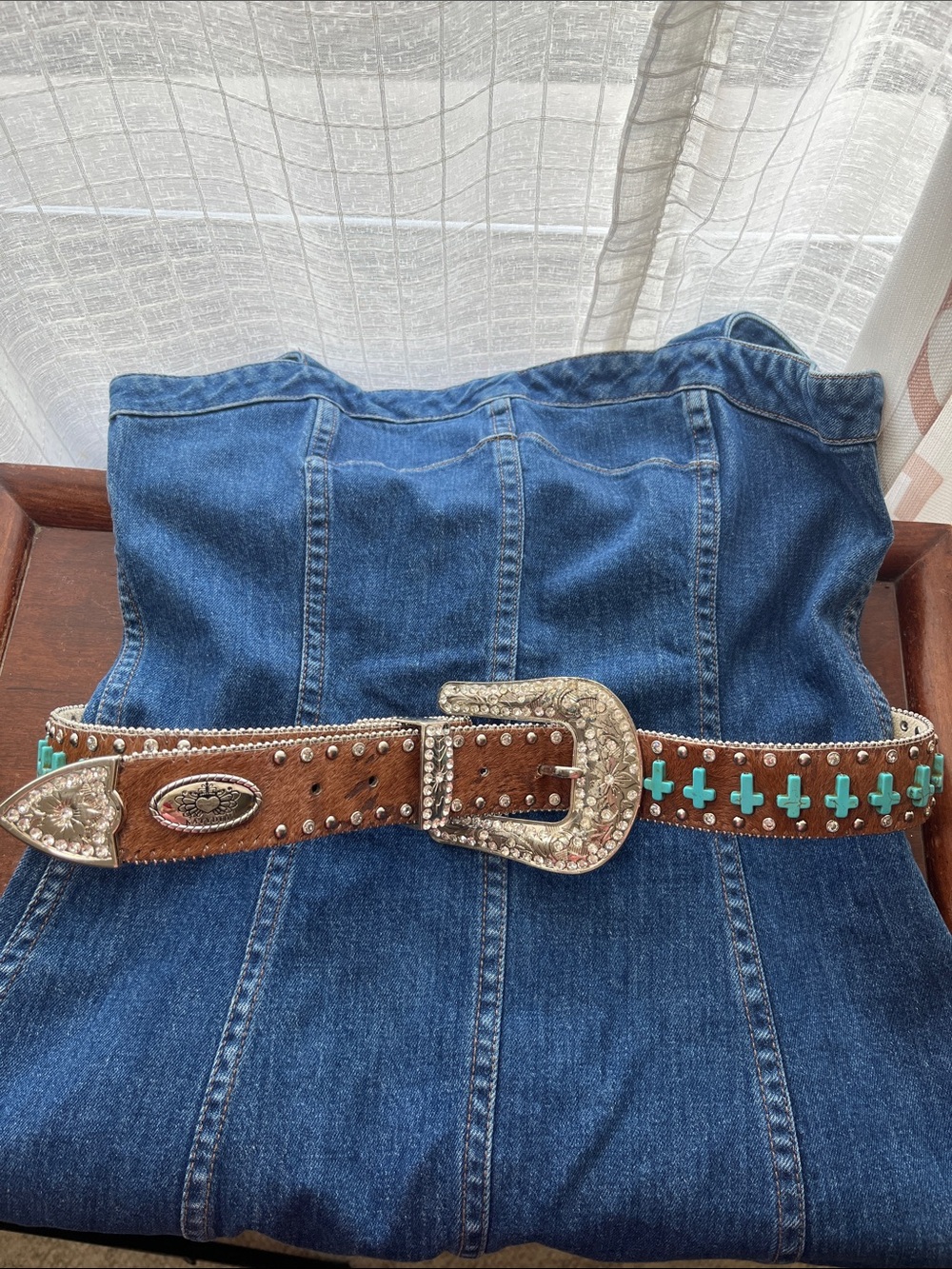 Katydid Brown Leather Belt with Turquoise Cross Studs